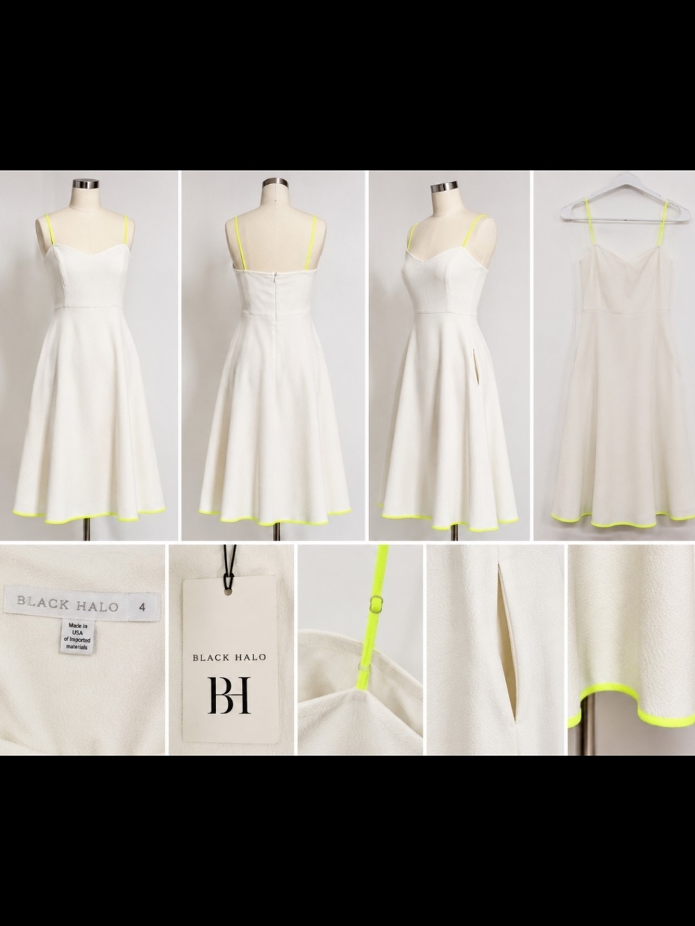Black Halo Cream Midi Dress with Neon Yellow Trim Size 4